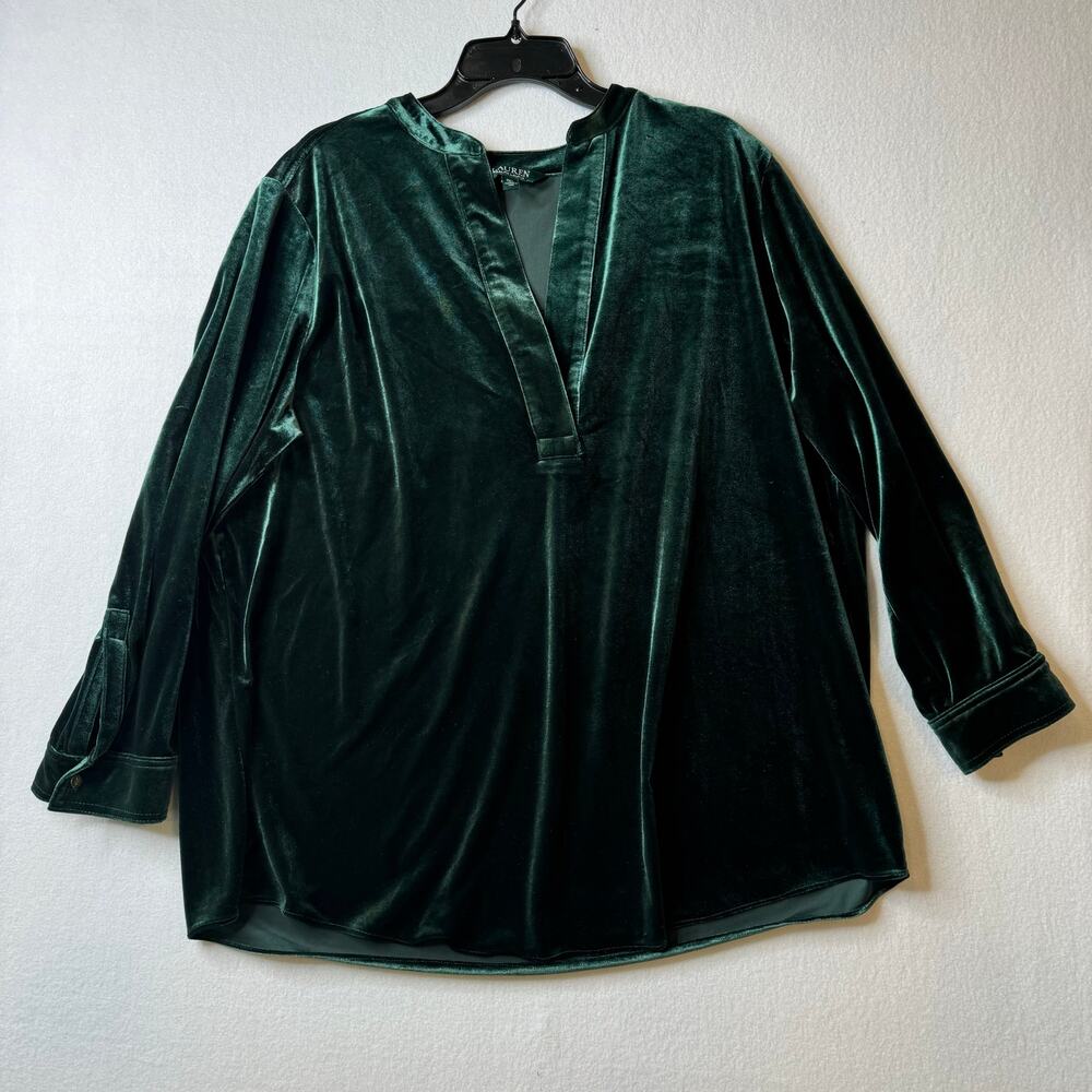 Lauren Ralph Lauren Women’s Size 2x Velour V-Neck Pull Over Shirt Emerald‎ Green